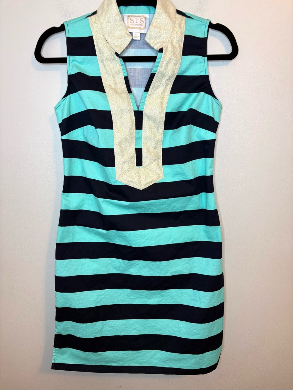 Sail to Sable XS Aqua Black Striped Gold Tunic Collar Shift Dress